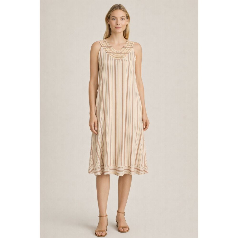 Yessica Jones Embroidered Stripe Midi Dress Lined Pockets Sleeveless Size L Boho
